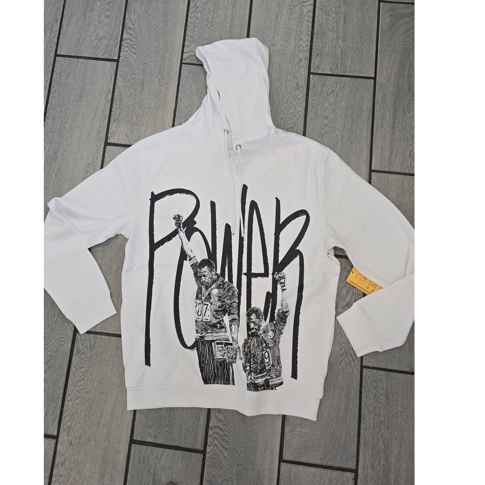 Bricks & Butter Mens XL Power Hoodie White Black Power Salute Graphic Pullover